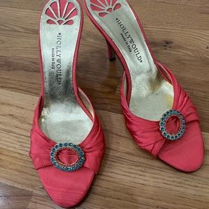 Gorgeous coral open toe mules with gem embellishment!